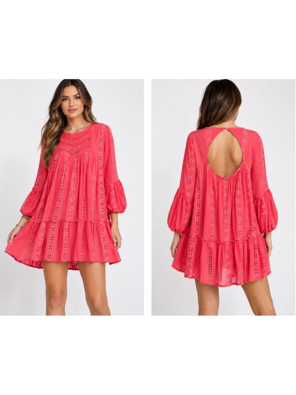 Free People Coral Eyelet Mini Dress Women’s Boho Open Back Balloon Sleeve Tunic